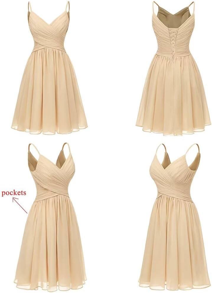 Women's Spaghetti Straps Homecoming Dresses Short Chiffon A Line Bridesmaid Dresses with Pockets