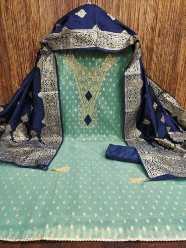 Image of Sidhidata Women's Shimmer Zari Butty With Multi Sequence Embroidered Unstitched Dress Material With Banarasi Silk Dupatta (DM Shimmer Free Size)