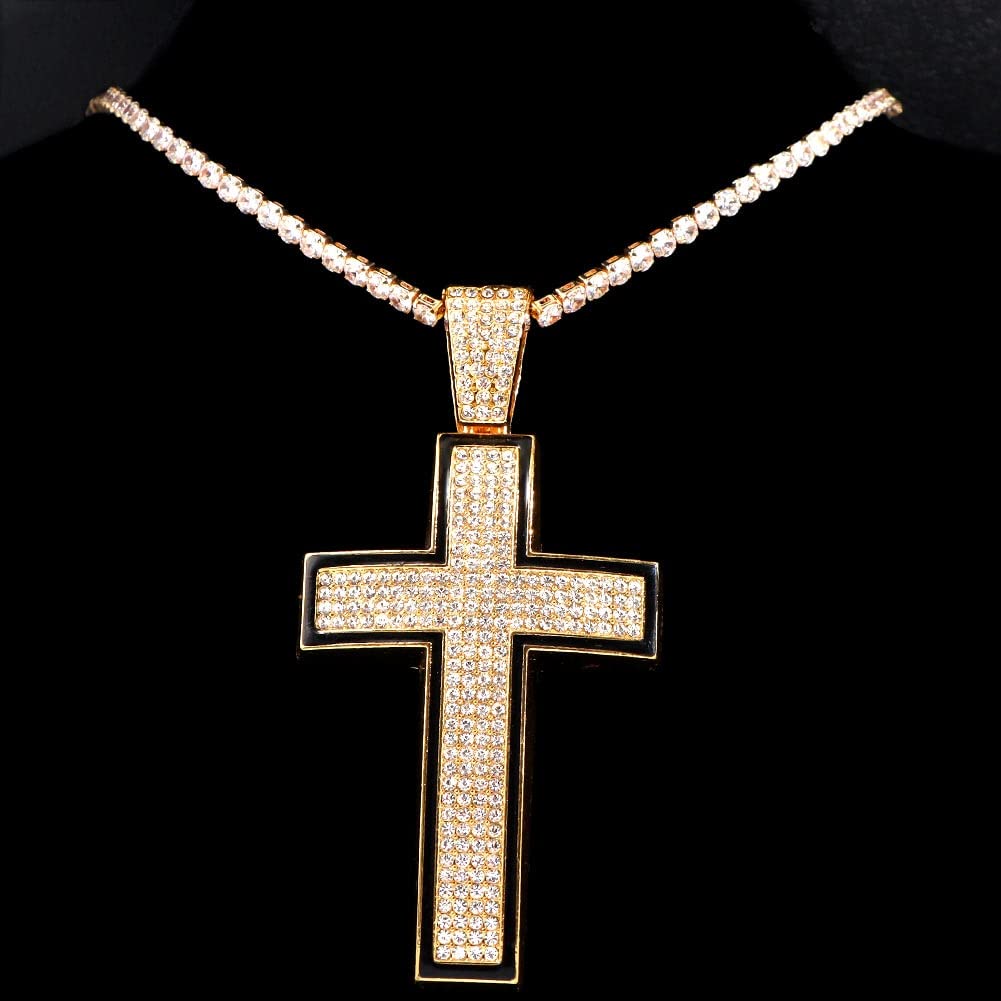 18K Rose Gold Filled Vintage Cross Pendant Necklace With Shiny Crystal - Hip Hop Style, Pink Gold Finish, No Tags