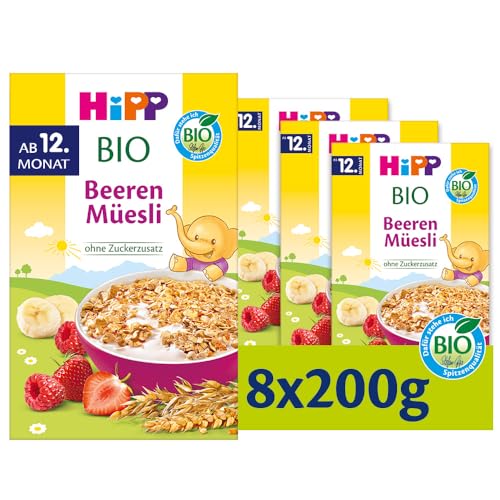 HiPP Bio Beeren-Müesli (8 x 200g), ab 12. Monat, mit Bio-Vollkorngetreide und Bio-Früchten, ohne Zuckerzusatz, in bester Bio-Qualität
