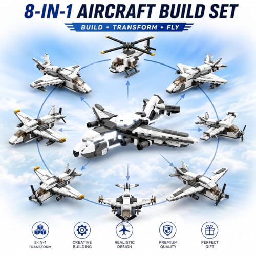Image of SKY LINE OCEAN 8-in-1 Airplane Building Blocks Set (658+ PCS) | Transforming Aircraft Models Construction Kit | STEM Educational Toy for Kids & Teens | Creative Play Set | 5 Year Structural Warranty