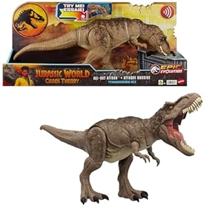 Mattel Jurassic World: Teoría del Dinocaos Netflix -Tiranosaurio Rex Ataque Total, Figura de acción de dinosaurio de juguete con sonidos que embiste, serie Epic Evolution, +4 años, HXF54