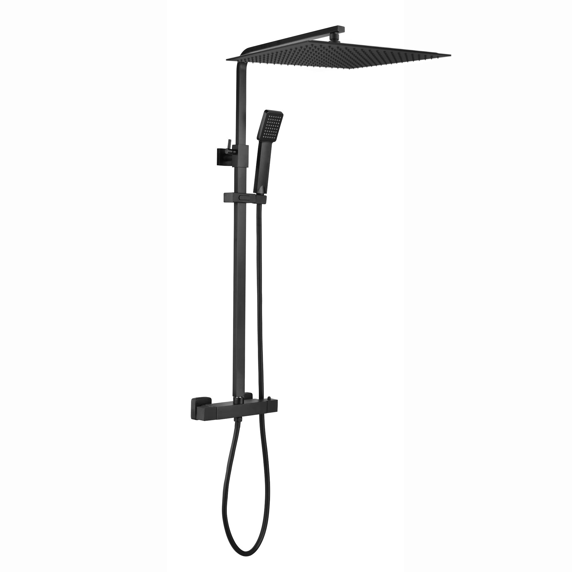 Enki Enzo Matt Black Contemporary Bathroom Brass Thermostatic 2-Outlet Shower Set W/ Fixed Head Handset & Riser Rail Kit 400mm from B&Q