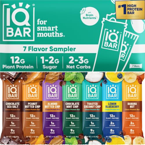 IQBAR Clean High Protein Bars, Low Sugar Snack, Sampler Variety 7ct