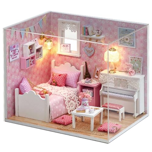 Dollhouse Miniature DIY Kit with Decoration Furniture and LED Lights - Handmade 3D Miniature with Cover - DIY Wooden Dollhouse with English Instructions (Sunshine Princess Style)