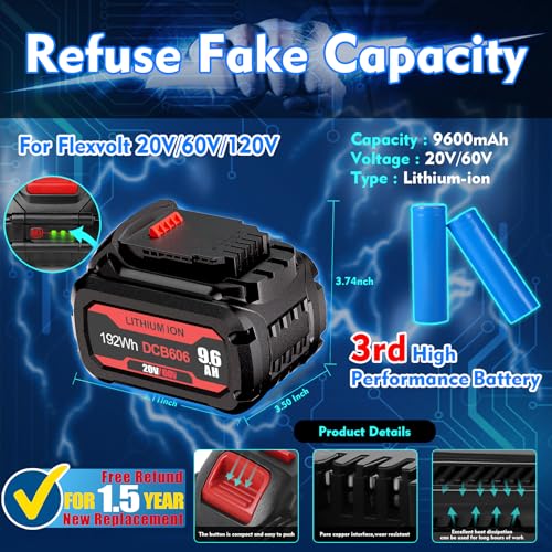 Image of 【Upgraded】 20V /60V MAX 9600mAh Replacement Battery for Dewalt 60V Battery Flex Volt MAX DCB606 DCB612 DCB606-2 DCB609-2 DCB204 DCB206 Cordless Power Tools Lithium-ion Batteries