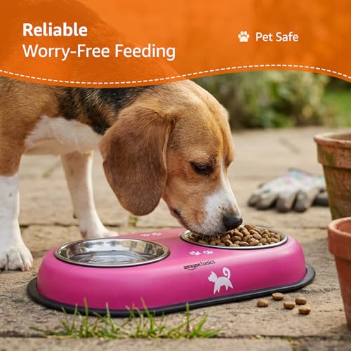 Image of Amazon Basics Stainless Steel Pet Feeding Bowls with Plastic Tray| Anti Slip Base | 230 ml Each