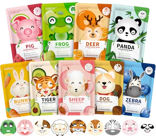 KONEUK 9 Pack Animal Face Masks Skincare for Kids Bulk Sheet Hydrating Face Mask for Kids Skin Care Collagen Face Mask for Teens Women Sleepover Party Supplies Spa Party Gifts for Teen Girls