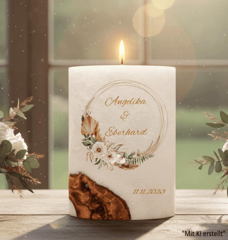 Ovale Hochzeitskerze "Rustica Kranz". - Hochzeitskerze mit echten Holz und versiegelte Wachsoberfläche. Docht oder Teelicht wählbar. (1 Docht)