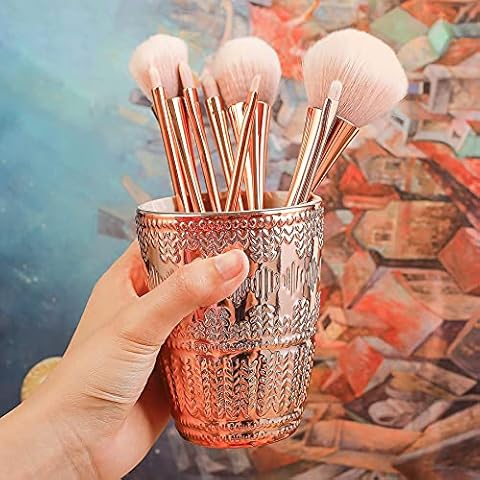 2-Pack Makeup Brush Holder for Vanity, Ceramic Cosmetic Organizer, Beautiful Pen Pencil Holder for Home and Office, Rose Gold Cover