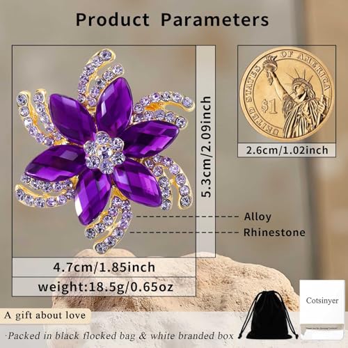 Image of Vintage Flower Brooch for Women - Elegant Lapel Pin with Rhinestones & Crystals for Suits, Coats, Dresses, Hats, Scarves and Shawls