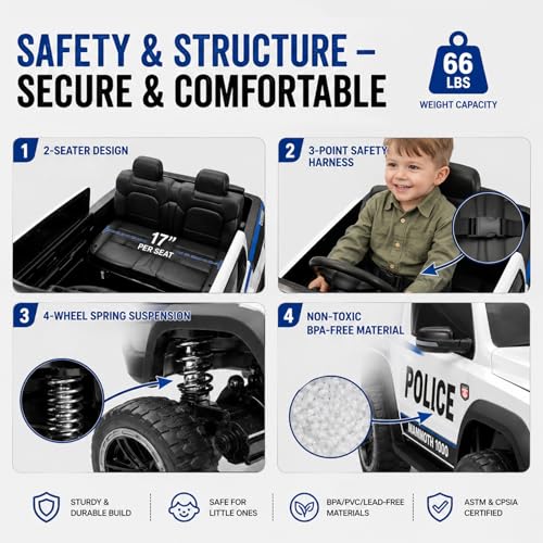 Image of 24V Licensed Dodge RAM Police Ride On Truck, 4WD Motor Kids Electric Car with Remote Control, 2-Seater Safe Ride On Vehicle, Bluetooth Music Emergency Light, Birthday Gift for 3-8 Years Boys Girls