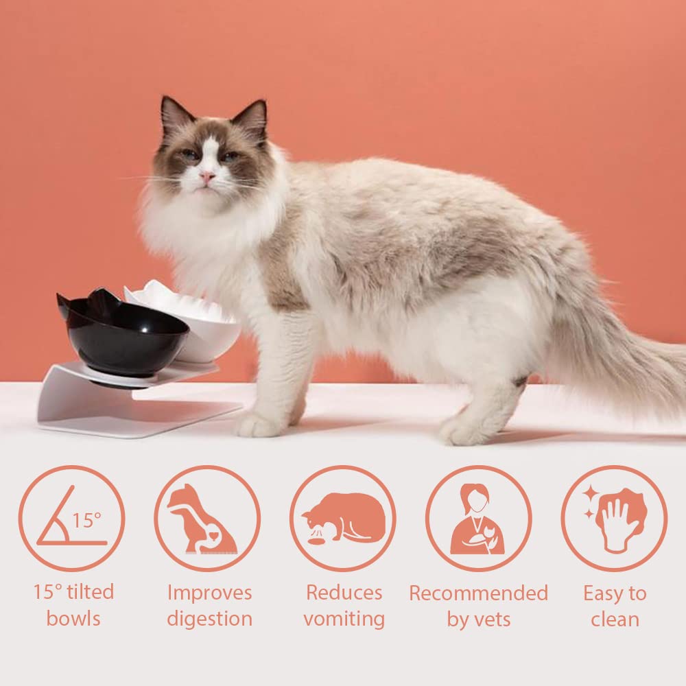 Leo's Paw Cuenco ortopédico antivómitos para gatos elevado inclinado de 15° para comida y agua para una mejor digestión, soporte elevado con parte inferior antideslizante, cuenco de alimentación
