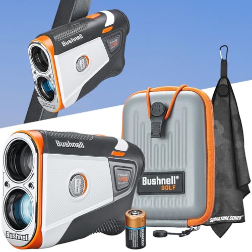 Bushnell Golf Tour V6 Shift Laser Rangefinder | Slope Compensation, PinSeeker, Magnetic Mount, 6X Magnification, 1300 Yard Range, 3D Flyovers in App, Signature Series Golf Towel Bundle