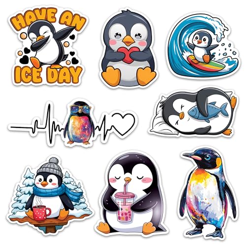 Image of Penguin Sticker 8 Pcs (Large Size) Vinyl Stickers Laptop Waterproof Decal for Car Bumper Water Bottle Notebook Luggage Window Funny Party Birthday Decorations - Size 4 Inches