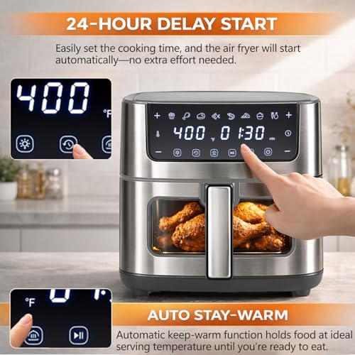 Image of Simple Deluxe 8-in-1 Air Fryer 6.34 Qt, Digital Preset Airfryer with Visible Window, Nonstick and Dishwasher-Safe Basket, Air Fry, Chicken, Pizza, Dehydrate, Fries, 90-Min Timer, 1700W, Gray