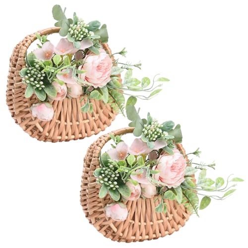 Fofetbfo 2PCS Half-moon Mini Straw Rattan Baskets, Hand-woven Flower Basket with Handle, Retro Storage Containers, Khaki