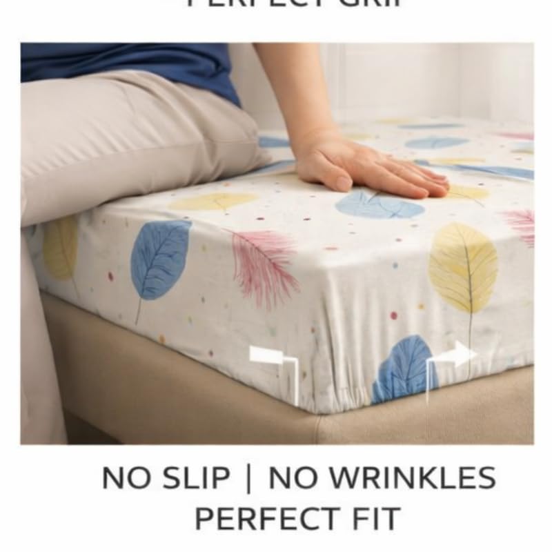 Image of Pure Cotton All Round Elastic Fitted Bedsheets with 1 Pillow Cover | Single Mattress Bed Breathable| Longlasting | Supersoft Size - 36 x 72 + 6 inches (Abstract, Color -Cream Multicolor)