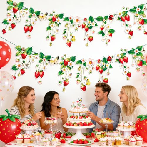 Image of Strawberry Garland Banner Berry First Birthday Decor Strawberry Wildflower for Spring Enchanted Garden Party Strawberry Theme Birthday Decoration for Girl Sweet Baby Shower Spring Garden Tea Party(8.2ft)