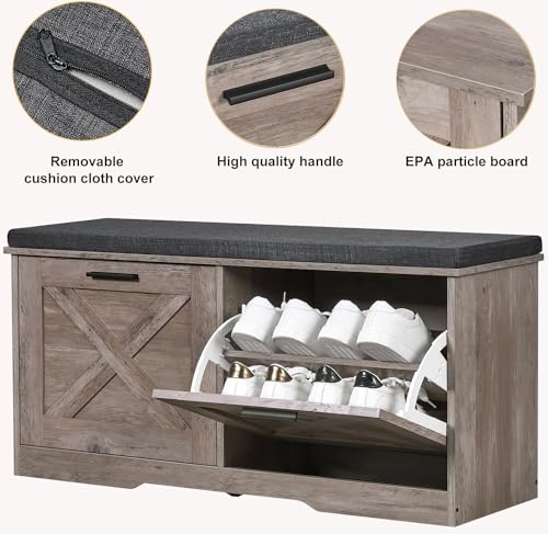 Shoe Storage Bench with 2 Flip Drawers, Entryway Bench with Padded Seat Cushion, Shoe Cabinet with 2 Barn Doors, 11.8" D x 39.4" W x 18.4" H, for Entryway, Living Room, Bedroom, Greige