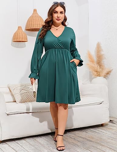 Image of ShopWonder Plus Size Dress Women's V Neck A-Line Knee Length Wrap Swing Dresses Plus Size A Line Party Mini Dress