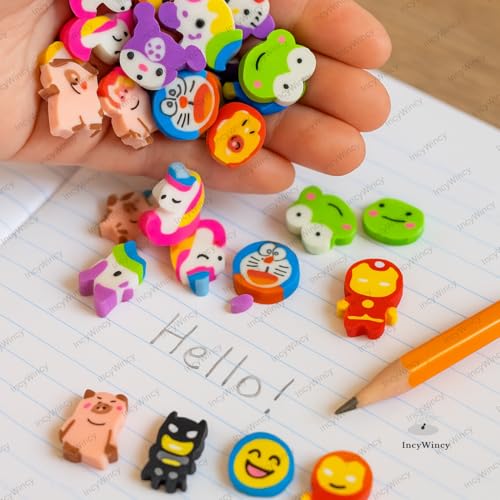 Image of Cute Cartoon Mini Erasers (Pack of 100) - Funny Shaped, Colorful Novelty Erasers for Kids, 3cm X 2cm X 0.4cm, Ideal for Birthday Return Gifts, Party Favors, and School Stationery