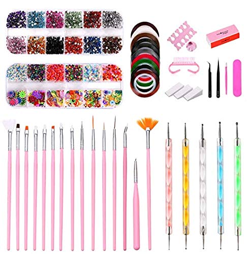 43Pcs Nail Art Kit Professional 3D Nail Art Supplies With Glitter Nail Rhinestones,Nail Art Brushes,Nail Dotting Pen,Nail Striping Tapes,Nail Polishing,Diy Tools Set For Girls Nail Decoration Manicure
