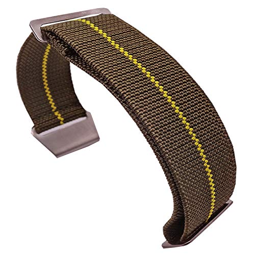TIME4BEST Strap Elastic Watch Band Military Watch Strap Canvas Nylon Watch Strap 20mm 21mm 22mm Watch Bands Hook Buckle (22mm, Green with Yellow Stripe)