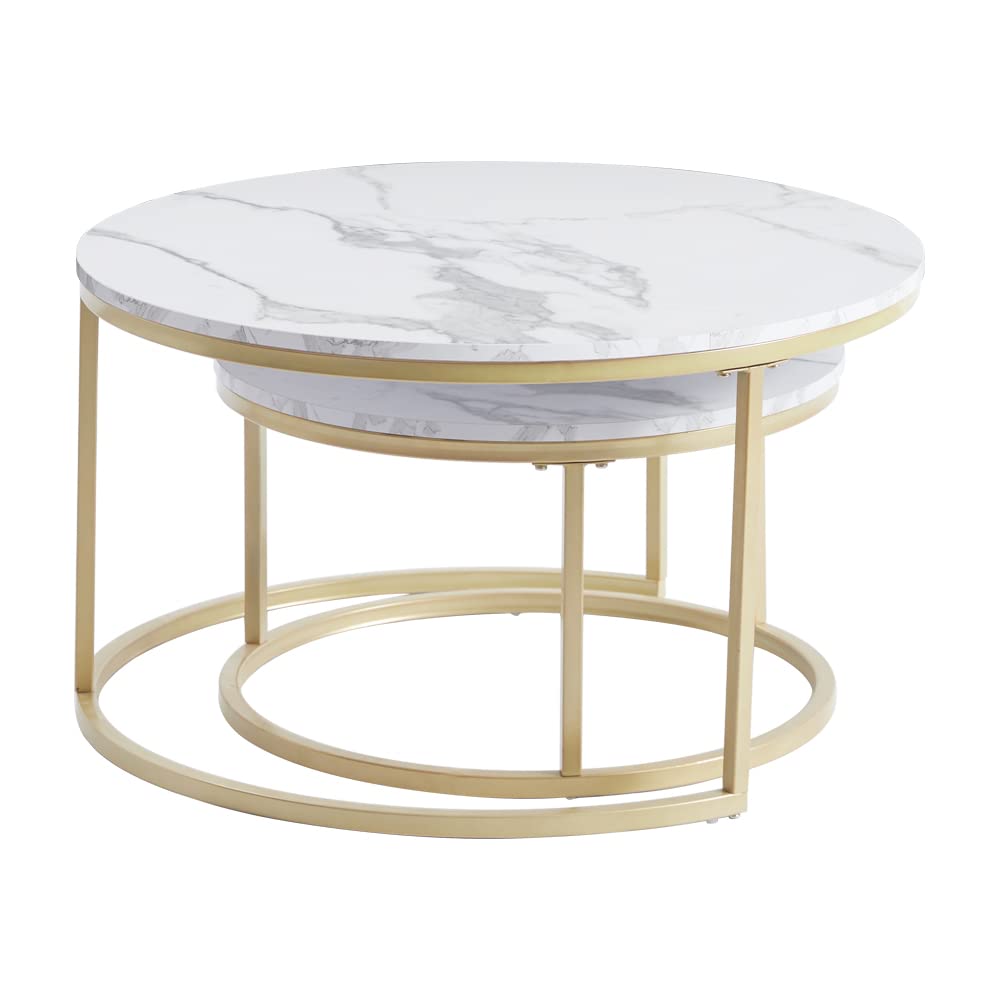 GrandCA HOME Set di 2 Tavolini Rotondi a Incastro con Piano in Finto Marmo, Tavolino da Caffè per Soggiorno, Oro (80x80x45cm e 60x60x35cm)