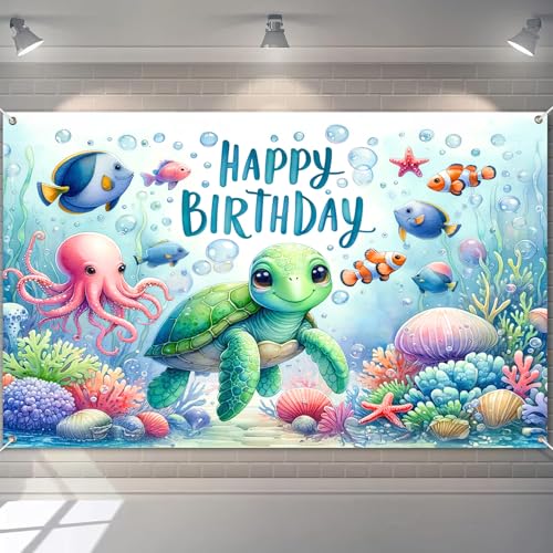Image of HOMETITUTE Happy Birthday Banner Under The Sea Backdrop 96x72 Inch