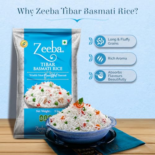 Image of Zeeba Tibar Basmati Rice 5 Kg, Perfect for Daily Home Cooking (Cooked length upto 18mm*) (Pack of 2)