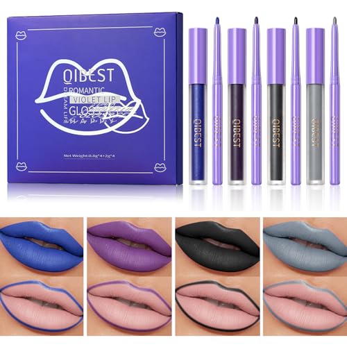 Likesing 8 Piezas Pintalabios Permanente Perfilador Labios Negro Brillo Barra de Labios Labiales Mate Azul Larga Duracion Labial Delineador Labios Lip Tint Lip Liner Maquillaje Kit Mujer Regalo