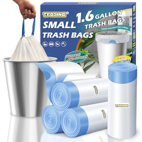 T.FORING 1.6 Gallon Mini Trash Bags Drawstring Unscented White 120 Count