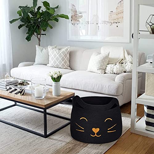 Image of ALBY Woven,Tall Wicker Laundry Basket for Blankets,Clothes,Pillows,Toys,Shoes Large Cotton Laundry Hamper for Bedroom Living Room Bathroom Nursery (15d'' x 12h'' inch, Black cat)