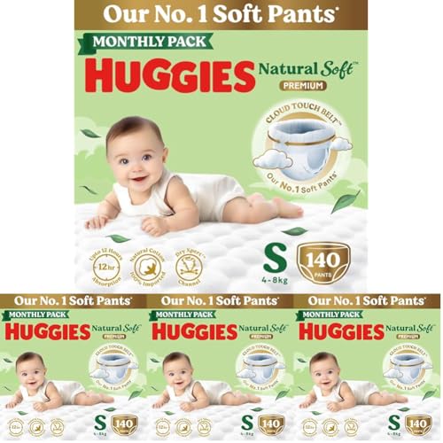 Image of Huggies Natural Soft Premium Baby Diaper Pants, Our No.1 Soft Pants, Small (S) Size (4-8 Kgs), Monthly Pack of 560 diapers | Cloud Softness All over with India's 1st Cloud Touch BeltTM (70 count, Pack of 2)