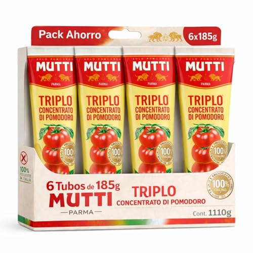 Concentrado de tomate triple Mutti, Pasta de Tomate Triple Concentrada, Hecho de pomodoro 99,6%, sal, Sin Gluten, Sin Lactosa, Sin huevos, Producto Italiano, Contiene 6 tubos de 185 gr