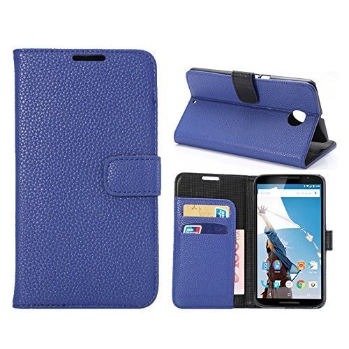 J41S LEECHEE patrón magnético flip cuero billetera tarjeta ranura soporte carcasa de TPU para Google Nexus 6 BLUE