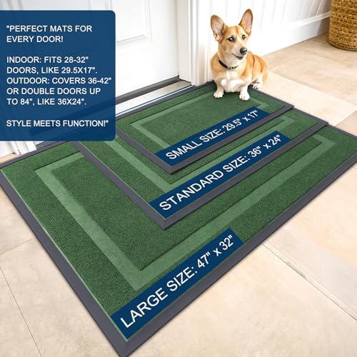 OLANLY Front Door Mat Indoor Outdoor Entrance, Waterproof All-Season, All-Weather Doormat, Sturdy Natural Rubber, Fade Resistant, Low Profile, Easy Clean Patio Porch Entryway Mat, 59x35, Green