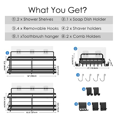 PIMVANS Shower Caddy, Adhesive Improved Shower Shelves [9 Detachable Shower Accessories,Soap Dish], Stainless Steel Bathroom Organizer, Shower Rack for Inside Shower, Shower Storage, Black (Black) - Thumbnail 6
