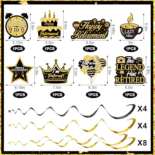 Image of Happy Retirement Party Decorations Kit Black Gold Retirement Banner Hanging Swirls and Honeycomb Balls Retirements Party Supplies for Farewell Goodbye Retirements Going Away Party Decorations