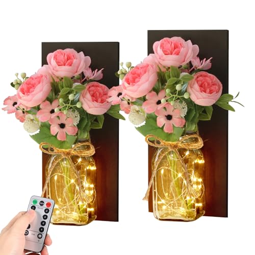 TIED RIBBONS Plastic Pack Of 2 Wall Sconces With Glass Jar Vase A...