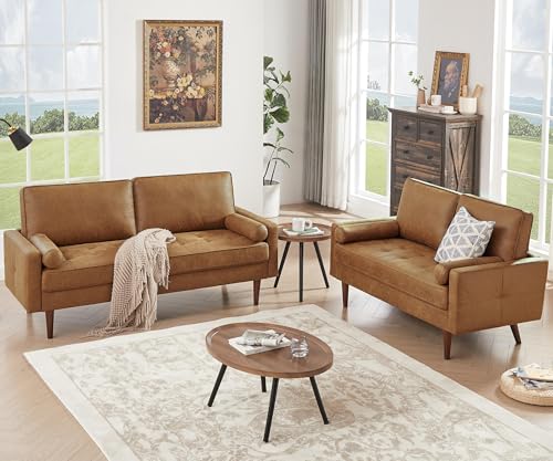 HIFIT Sectional Couches Set for Living Room, 68'' Mid Century Modern Faux Leather Sofa Couch w/Tufted Deep Love Seat & 2 Pillow, Home Sofa Living Room Small Couch for Bedroom, Office, Apartment, Brown