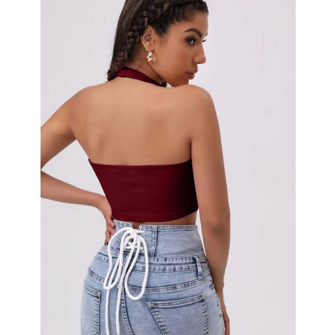 GLARE & BLAIR Ribbed Stylish Sleeveless Halter Neck Crop Tank Regular Fit Top For Women (Medium, Maroon) - Image 2 thumbnail