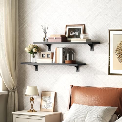 Image of HOOBRO Floating Shelves for Wall, 23.6 inch Wall Mounted Shelves Set of 2, Hanging Storage Shelf with Metal Brackets, Wooden Shelf for Living Room, Bedroom, Bathroom, Black BK62BJP201G1