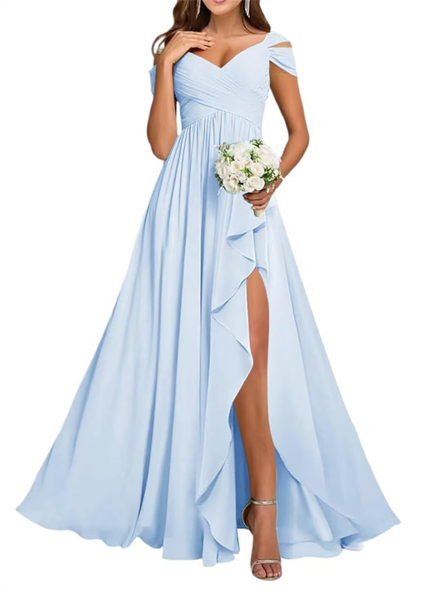 Sayno Women's Baby Blue Chiffon Bridesmaid Dresses For Wedding With Slit Prom Gowns Pleats Cocktail Dresses Plus Size Hlsa328 Uk10