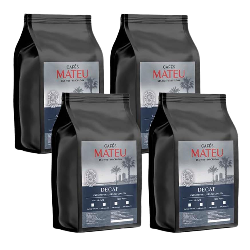 Café Descafeinado en Grano Sin Cafeína Tueste Artesanal Recién Tostado Suave Aromático Sabor Equilibrado Ideal Para Oficina Consumo Nocturno Perfil Sensorial Delicado Cafés Mateu (4 x 250 g)