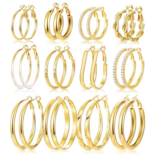 12 Pairs Gold Hoop Earrings Set for Women, Lightweight Big/Large Hoop Earrings Multipack, Hypoallergenic Gold Hoops Earrings Pack for Jewelry Gift 30mm/40mm/50mm