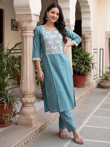 Image of INDO ERA Women's Silk Blend Geometric Embroidered Thread Work Kurta & Pant Set | Co Ord Set For Women Stylish