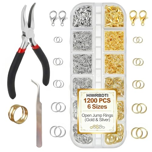 HIWRBDTI 1200Pcs Small Open Jump Rings Jewelry Making Supplies with Pliers Opener & Lobster Clasps Jewelry Repair Kit Tools for Fixing Necklaces & Bracelet Gold Silver Ring for Necklace & Charms