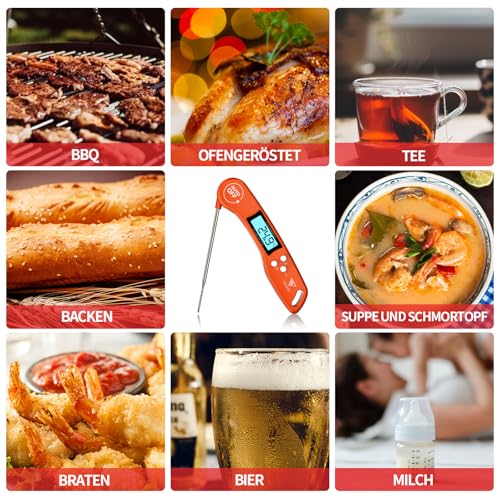 DOQAUS Grillthermometer Fleischthermometer Küchenthermometer Bratenthermometer Kochthermometer mit 3s Sofortiges Auslesen, LCD Bildschirm und Lange Sonde, für Kochen, BBQ (Orange) 5